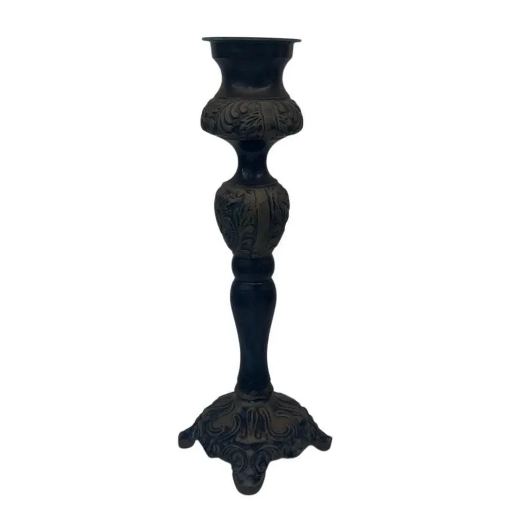 Vtg Made In India Pillar Candlestick Holder Green & Gray Footed Verdigris Trim